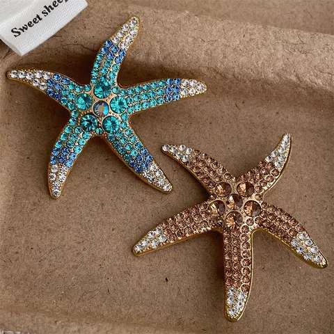 Spilla a Forma di Stella Marina Vintage in Oro per Uomo e Donna Con Strass Sfumati Blu Marrone Accessorio Gioielli Marini