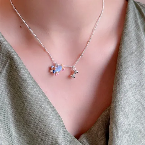 Schattige Teckel Hond Hanger Ketting Met Bot Charm Voor Vrouwen Verzilverd Legering Emaille Dier Sleutelbeen Ketting Sieraden Cadeau