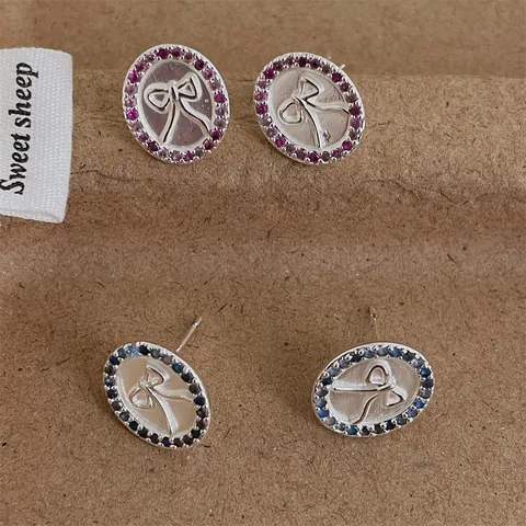 Vintage Oval Bow Stud Earrings Copper Micro Inlaid Zircon Silver Plated Blue Purple Elegant Party Jewelry For Women