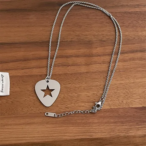 Punk Hip Hop Pentagram Pendant Necklace Alloy Guitar Pick Shaped Hollow Star Bead Chain Necklace For Men Women Jewelry