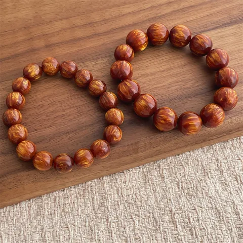 Vintage Wood Look Resin Bead Bracelet Golden Silk Texture Prayer Buddha Meditation Jewelry For Men Women Unisex Decoration