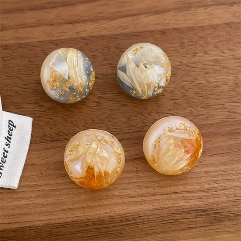 Resin Sphere Stud Earrings For Women With Dried Flowers And Gold Foil Minimalist Pastoral Style Round Ear Jewelry Gift