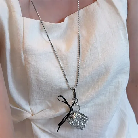 Korean Ins Silver Woven Mini Bag Pendant Necklace For Women Heart Bowknot Rhinestone Hollow Long Sweater Chain Fashion Jewelry