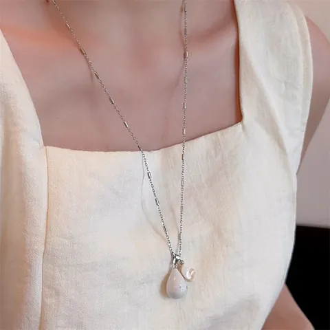 Vintage Alloy Natural Stone Water Drop Pendant Necklace For Women Geometric Shell Imitation Artificial Pearl Collar Jewelry Gift