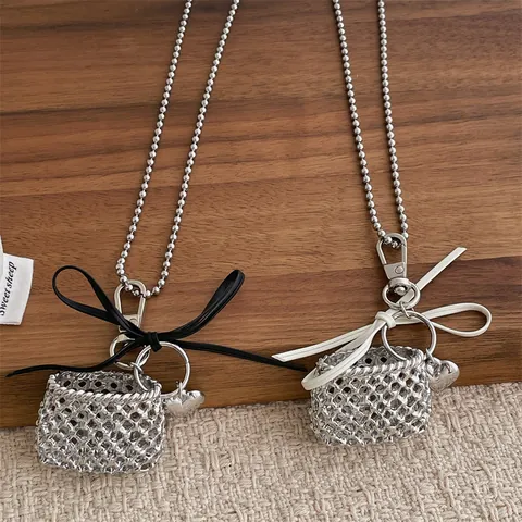 Korean Ins Silver Woven Mini Bag Pendant Necklace For Women Heart Bowknot Rhinestone Hollow Long Sweater Chain Fashion Jewelry
