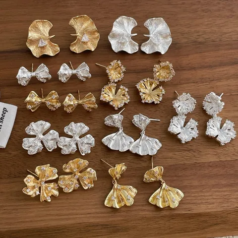 Französisches Design Zirkonia Blume Schleife Ginkgoblatt Ohrstecker Gold Silber Legierung Ohrringe Für Damen Mode Schmuck Geschenk