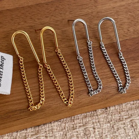 French Luxury 18K Gold Plated Chain Tassel Stud Earrings For Women Minimalist U-Shaped Geometric Drop Earrings Elegant Fashion Jewelry
