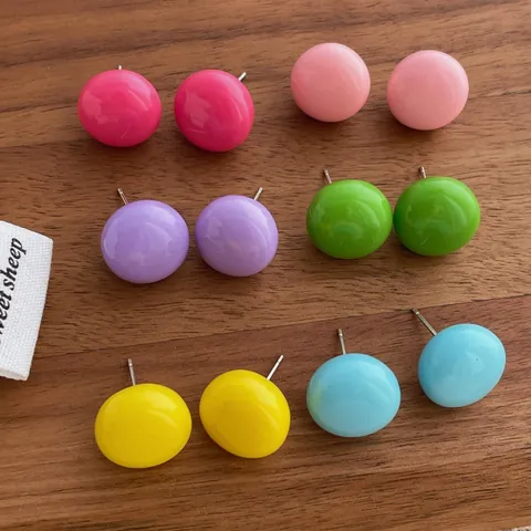 Colorful Resin Bean Stud Earrings With Earring Post Sweet Simple Minimalist Macaron Round Ear Jewelry For Women Daily Wear