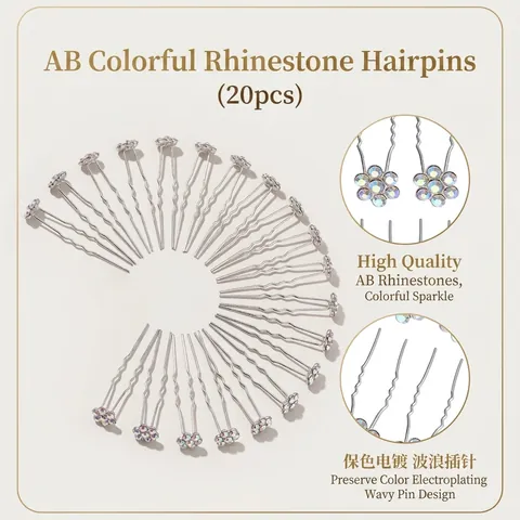 20Pcs AB Rhinestone U-Shaped Hairpins Minimalist Flower Hair Sticks For Wedding Bridal Party Women Hair Accessories
