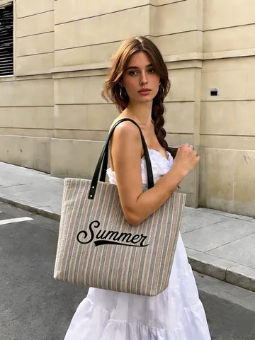 Large Capacity Canvas Linen Tote Bag Summer Beach Travel Shoulder Handbag With Rope Handles Shell Pineapple Print Zipper