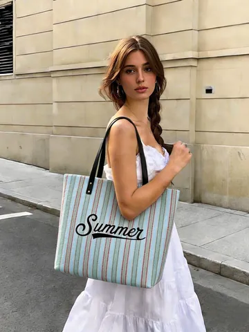 Large Capacity Canvas Linen Tote Bag Summer Beach Travel Shoulder Handbag With Rope Handles Shell Pineapple Print Zipper
