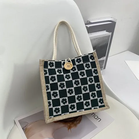 Borsa A Mano In Cotone Lino A Scacchi Floreale Con Manico In Corda E Bottone In Legno Piccola Borsa Tote In Juta Per Donna