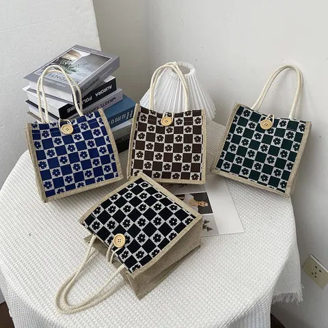 Borsa A Mano In Cotone Lino A Scacchi Floreale Con Manico In Corda E Bottone In Legno Piccola Borsa Tote In Juta Per Donna