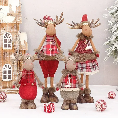 Christmas Reindeer Plush Doll Ornament Fabric Decorative Elk Figurine Red Plaid Retractable Legs Holiday Home Decoration