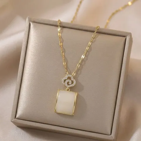 Stainless Steel Necklace Women Faux Jade Rectangle Pendant Cloud Rhinestone Elegant Light Luxury Clavicle Chain