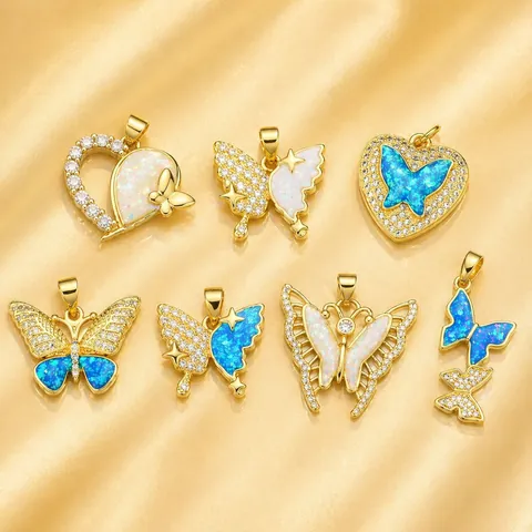 Butterfly Pendant Charm 18K Gold Plated Copper With Synthetic Opal Cubic Zirconia DIY Jewelry Making Fashion Accessory