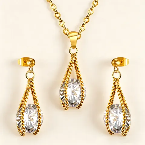 Roestvrijstalen Ketting En Oorbellen Voor Dames Zirconia Rond Gedraaid Touw Hanger Verguld Hol Elegant