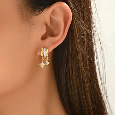 Copper Zirconia North Star Huggie Hoop Earrings Gold Plated Oval Stone Starburst Dangle Earrings For Women Jewelry Gift