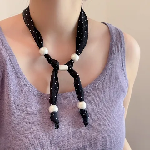Vintage Bohemian Perlen Schal Halskette Für Damen Stoff Bedruckt Punktemuster Gestreift Handgefertigter Schmuck Chunky Choker