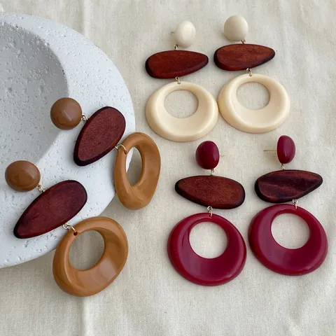 Vintage Resin Wood Geometric Drop Earrings For Women Ethnic Style Hollow Round Water Drop Earrings Boho Chic Handmade Jewelry