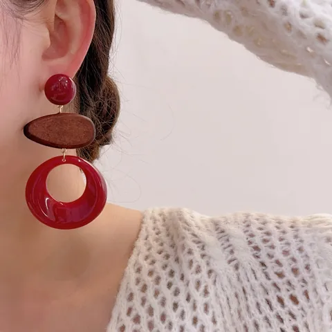 Vintage Resin Wood Geometric Drop Earrings For Women Ethnic Style Hollow Round Water Drop Earrings Boho Chic Handmade Jewelry