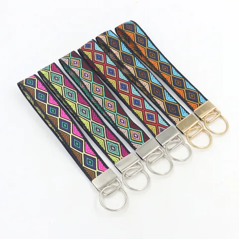 Ethnic Bohemian Embroidered Geometric Webbing Keychain Wristlet With Metal Ring For Keys Bags Accessories Women Men Daily Decoration