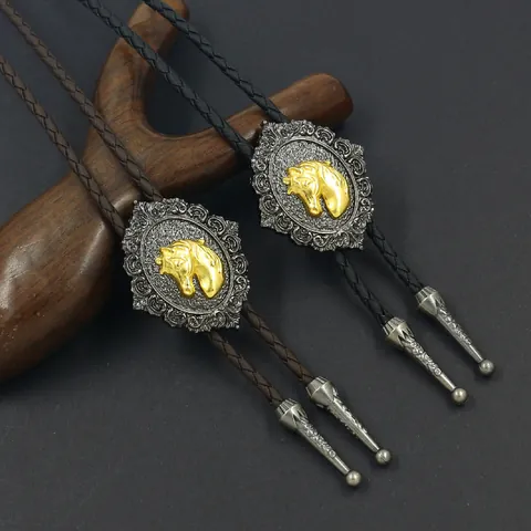 Vintage Western Cowboy Bolo Tie Retro Zinc Alloy Gold Horse Bull Head Pendant PU Leather Woven Cord Adjustable Necklace Jewelry Unisex