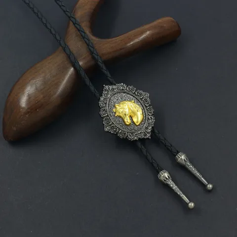 Vintage Western Cowboy Bolo Tie Retro Zinc Alloy Gold Horse Bull Head Pendant PU Leather Woven Cord Adjustable Necklace Jewelry Unisex