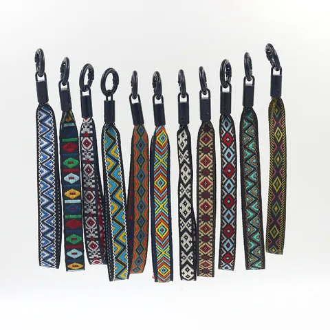 Ethnic Style Woven Phone Lanyard Braided Keychain Wrist Strap Geometric Pattern Polyester Webbing Strap With Metal Ring