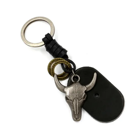 Retro Punk Stierenkop Schedel Legering Leer Sleutelhanger Voor Heren Westerse Cowboystijl Sleutelring Cadeau