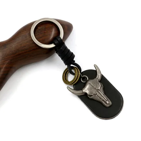 Retro Punk Stierenkop Schedel Legering Leer Sleutelhanger Voor Heren Westerse Cowboystijl Sleutelring Cadeau