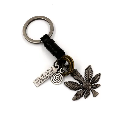 Vintage Braided Leather Keychain Leaf Alloy Pendant Retro Metal Key Ring Cowhide Engraved Key Chain For Men Women Accessory