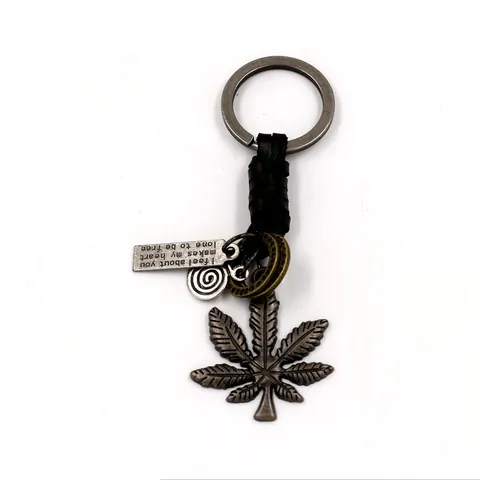 Vintage Braided Leather Keychain Leaf Alloy Pendant Retro Metal Key Ring Cowhide Engraved Key Chain For Men Women Accessory