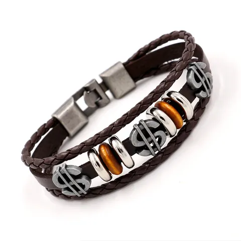 Vintage Multi-Layer Braided Cowhide Leather Bracelet For Men With Metal Dollar Sign Charm Retro Punk Rock Streetwear Jewelry Gift
