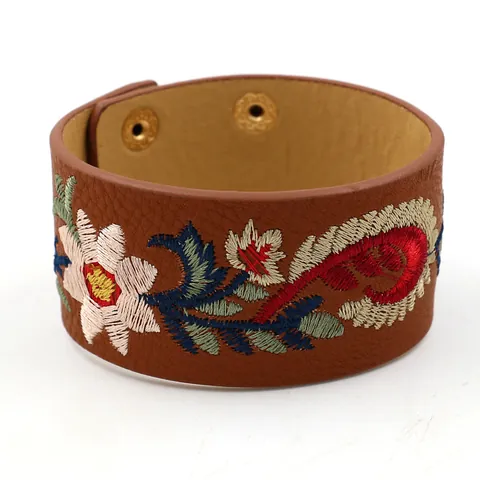 Ethnic Wide PU Leather Bracelet For Women Embroidery Paisley Floral Pattern Bohemian Cuff Jewelry With Metal Snap Buttons
