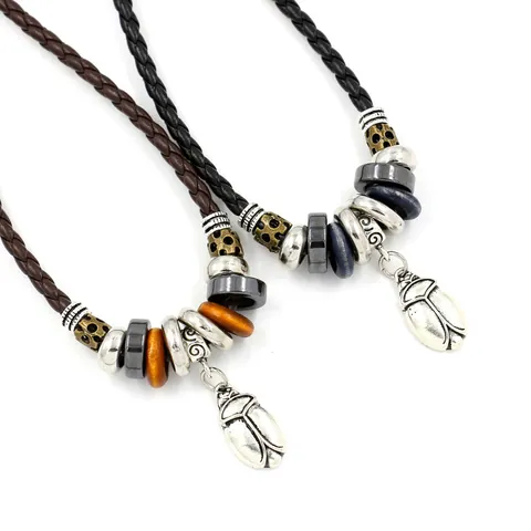 Vintage Skarabäus Anhänger Halskette PU Lederkordel Legierung Wolframstahl Holzperlen Perlenkette Für Herren Teenie Schmuck