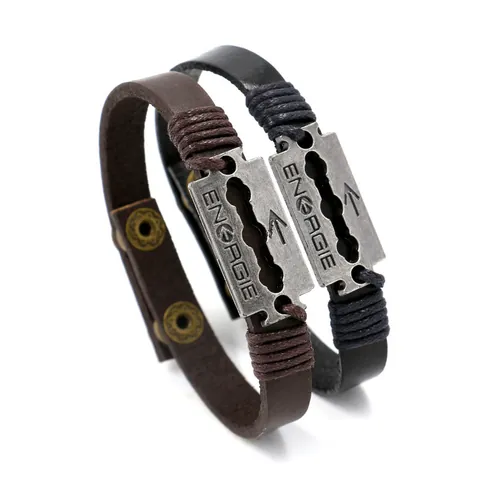 Pulsera de Cuero Genuino Vintage Punk Colgante de Cuchilla de Afeitar de Aleación Retro Tejida a Mano Pulsera de Cuero Para Hombre Mujer