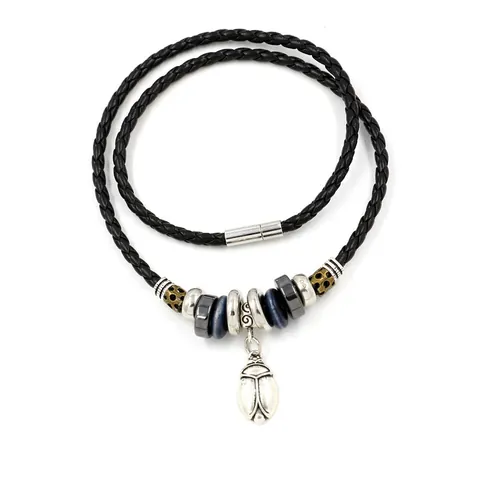 Vintage Skarabäus Anhänger Halskette PU Lederkordel Legierung Wolframstahl Holzperlen Perlenkette Für Herren Teenie Schmuck