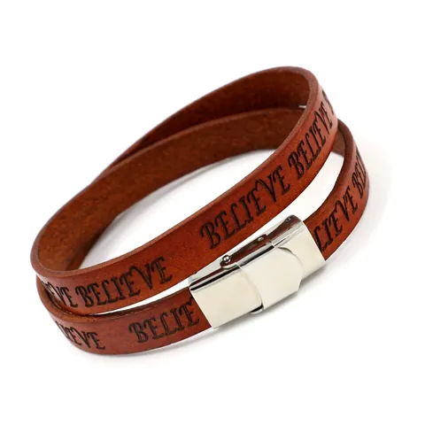 Bracelet en Cuir Véritable Avec Lettre Believe Gravée Et Fermoir en Acier Inoxydable Bracelet Enveloppant Unisexe Vintage