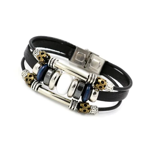 Bracciale Multistrato in Vera Pelle Vintage Con Chiusura Magnetica in Acciaio Inossidabile Perline in Pietra Occhio di Gatto Per Uomo Donna Gioielli Punk
