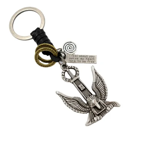 Vintage Heren Lederen Gevlochten Sleutelhanger Met Legering Adelaar Zwaard Hanger Retro Punk Metalen Sleutelring Cadeau
