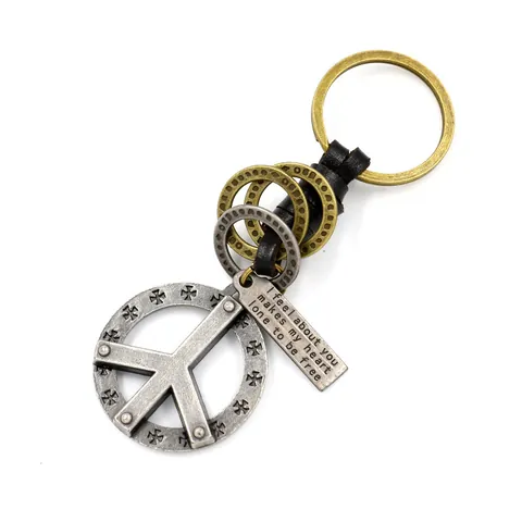 Llavero de Metal Vintage Con Signo de la Paz Cuero Trenzado Tonos Bronce y Plata Colgante de Aleación Para Hombre Mujer