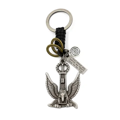 Vintage Heren Lederen Gevlochten Sleutelhanger Met Legering Adelaar Zwaard Hanger Retro Punk Metalen Sleutelring Cadeau