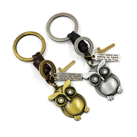 Vintage Metal Owl Cowboy Hat Keychain With Leather Weave Alloy Cross Pendant Punk Decorative Key Ring Gift For Men Women