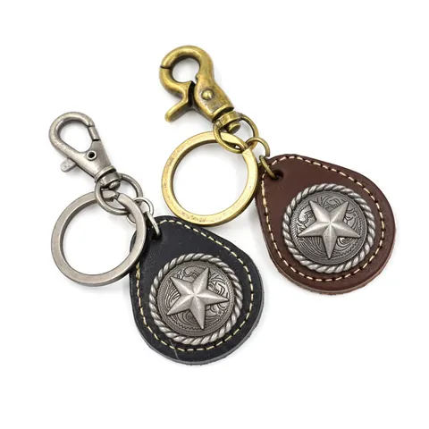 Vintage Cowhide Leather Star Keychain Western Pentagram Alloy Concho Key Ring Car Bag Hanging Ornament Gift For Men Women