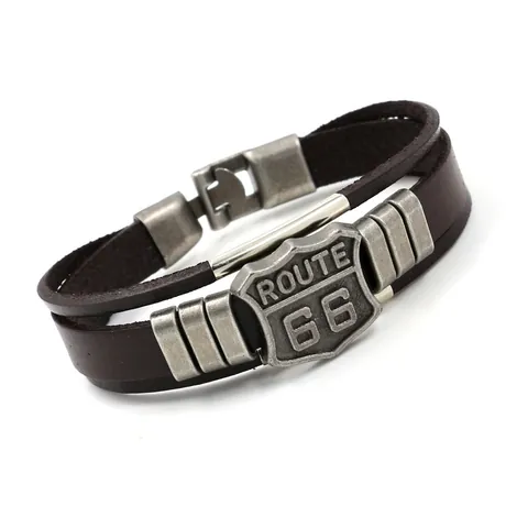 Heren Retro Meerlaagse Leren Armband Met Route 66 Legering Schild Bedel Punk Biker Geweven Leren Armband Sieraden Cadeau Accessoires
