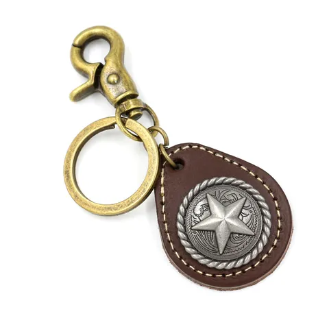 Vintage Cowhide Leather Star Keychain Western Pentagram Alloy Concho Key Ring Car Bag Hanging Ornament Gift For Men Women