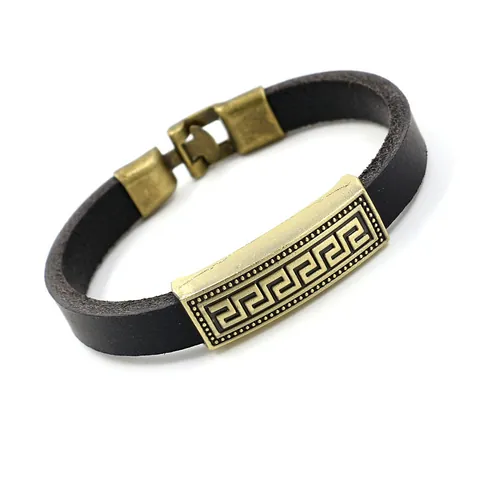 Vintage Echt Leren Armband Griekse Sleutel Metalen Plaat Retro Industriële Punk Stijl Armband Voor Heren Dames Sieraden