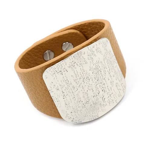 Vintage Wide PU Leather Cuff Bracelet With Engraved Alloy Metal Plate For Women Bold Rock Punk Style Snap Button Wristband