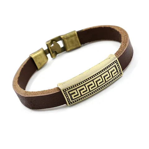Vintage Echt Leren Armband Griekse Sleutel Metalen Plaat Retro Industriële Punk Stijl Armband Voor Heren Dames Sieraden